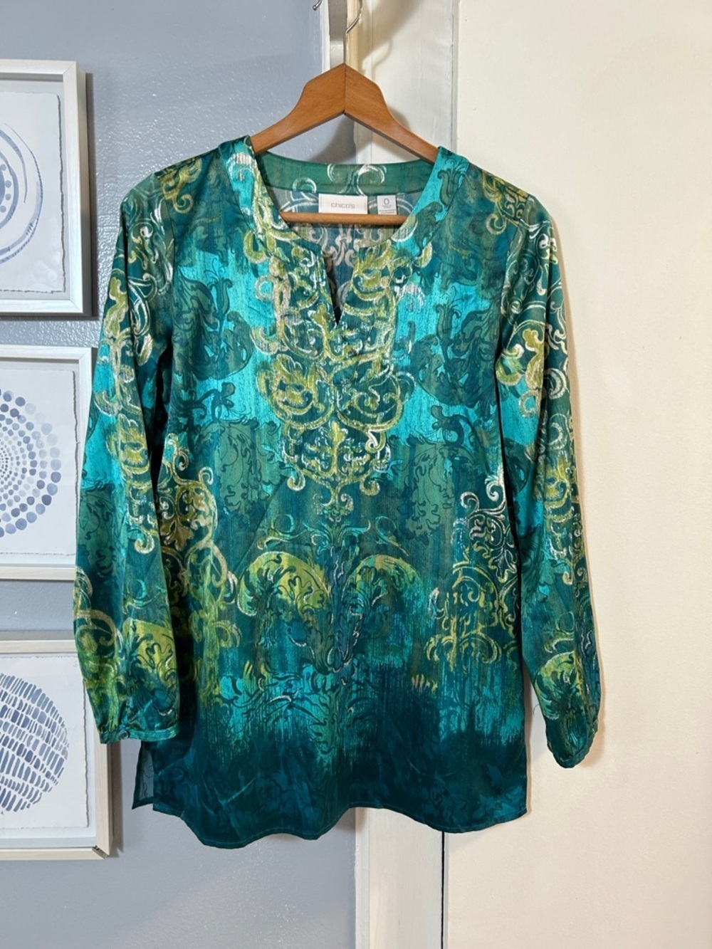 Chico's Teal & Green Paisley Print Long Sleeve Tunic Chico’s Size 0 = US Size S